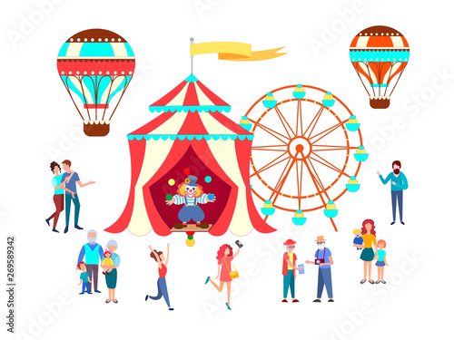 People, couples, pensioners, large families, parents with children going to the circus, the fair.