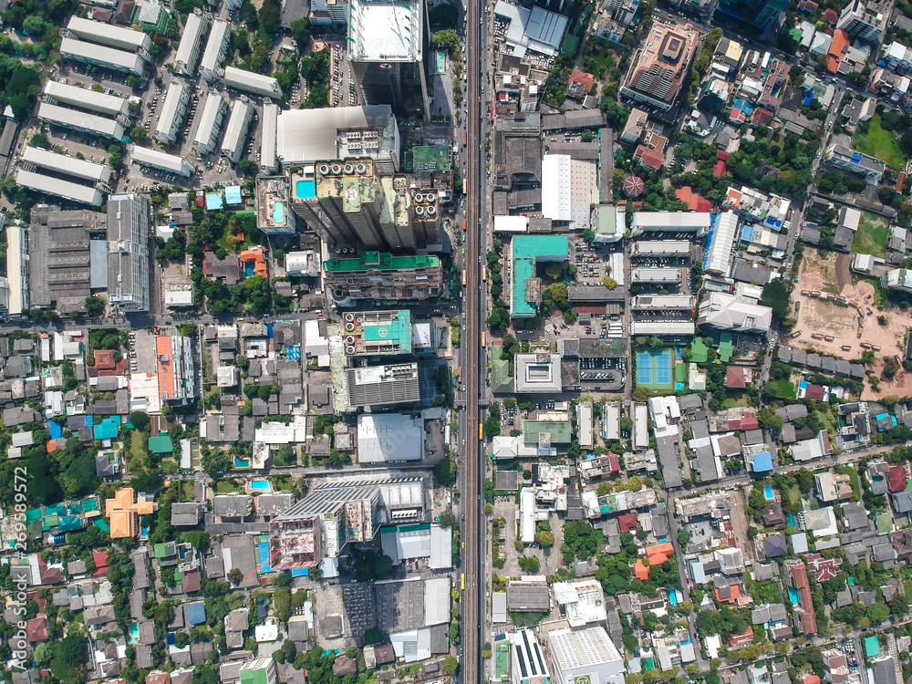 Bangkok midtown city building with BTS sky train aerial view