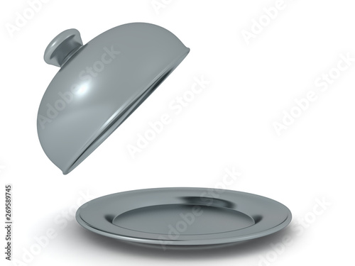 3D Rendering of cloche serving platter with lid raised to the left photo