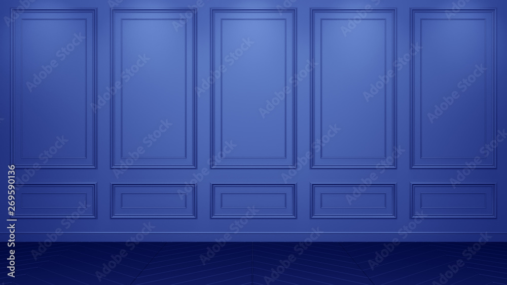 Classic blue interior with copy space. Red walls with classical decor. Floor parquet herringbone. 3d rendering Classic blue interior with copy space. Red walls with classical decor. Floor parquet herringbone. 3d rendering