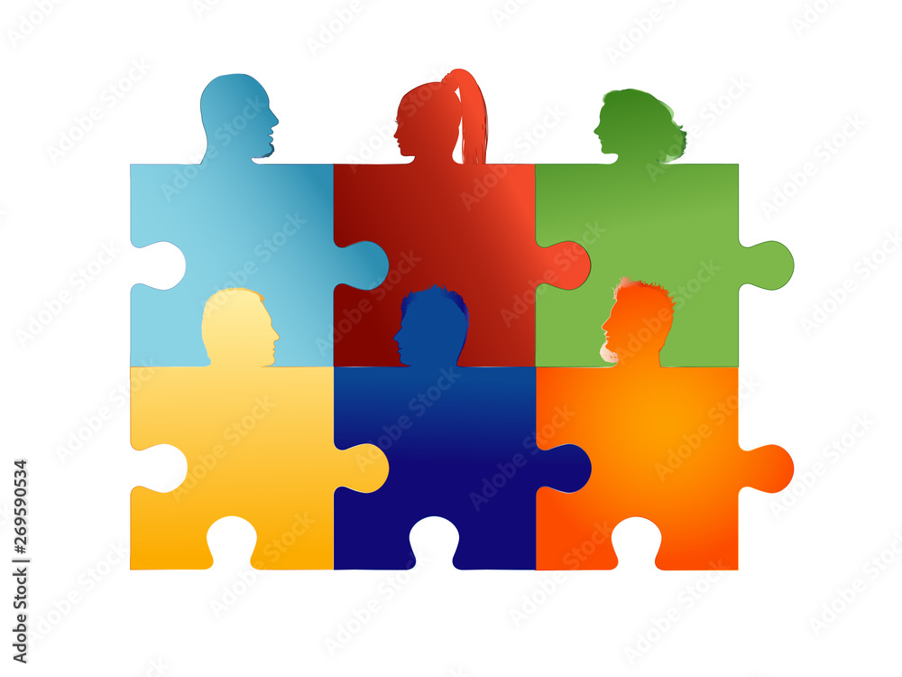 Concept teamwork or community. Group of silhouette people heads forming puzzle pieces. Association or partnership. Collaboration or friendship between colleagues or friends. Social media network