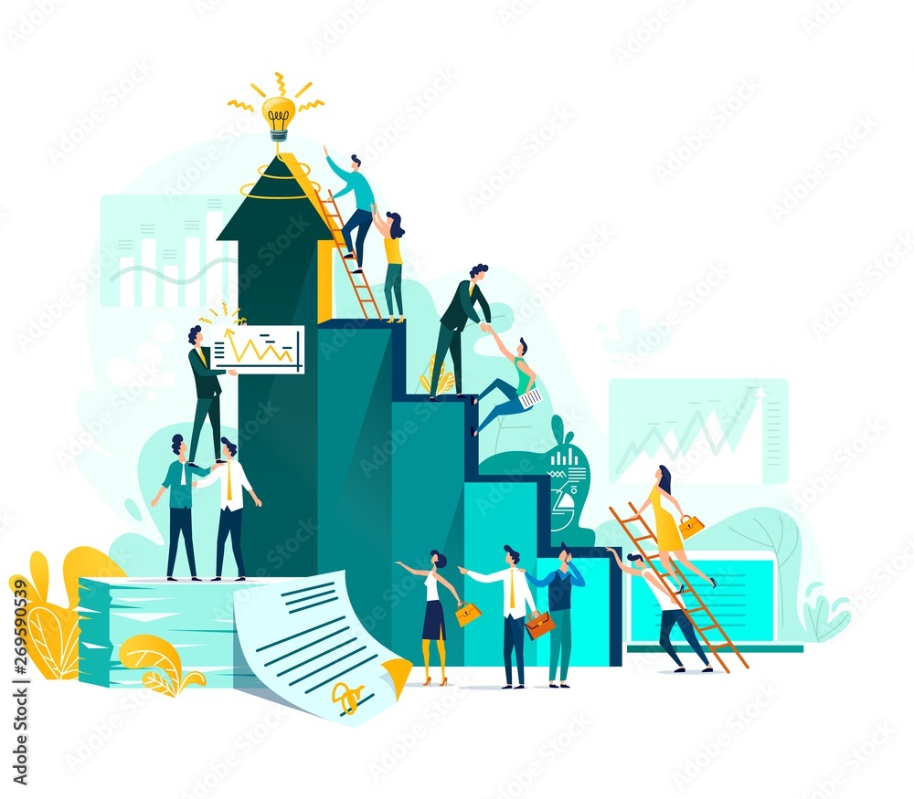 Goal achievement and teamwork business concept, career growth and  cooperation for development of project, idea vector flat cartoon  illustration. Ladder of success and climbing people, company staff Stock  Vector | Adobe Stock