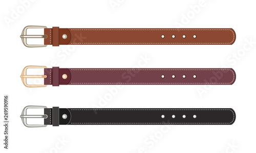Set of leather belts with buckles isolated on white background. Vector illustration of accessories in cartoon flat style.