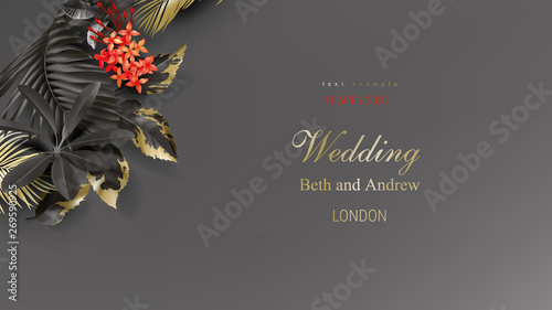 Tropical black and gold leaves on dark background vector poster Beautiful botanical design with golden tropic jungle palm leaves, exotic red flower Wedding ceremony invitation card, christmas greeting