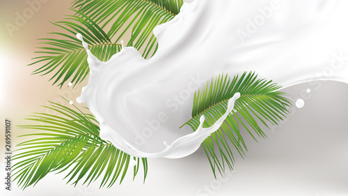 Milk splash swirl realistic vector background. White liquid organic milk on background of tropical green palm leaves, packaging design element for vegan drink