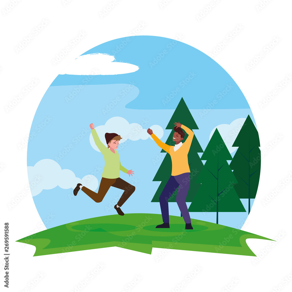 Fototapeta premium interracial young men celebrating in the camp