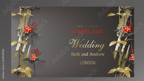 Tropical black gold leaves on dark background vector. Botanical design with golden tropic jungle creeper plant stem, exotic red flower and paint smear. Wedding ceremony invitation card, holiday sale