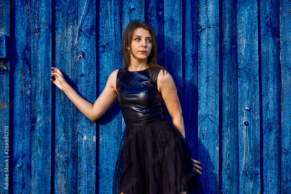 Fototapeta premium Portrait of a young slim woman brunette in a black dress near a wooden fence. Summer sunny evening. Close-up.