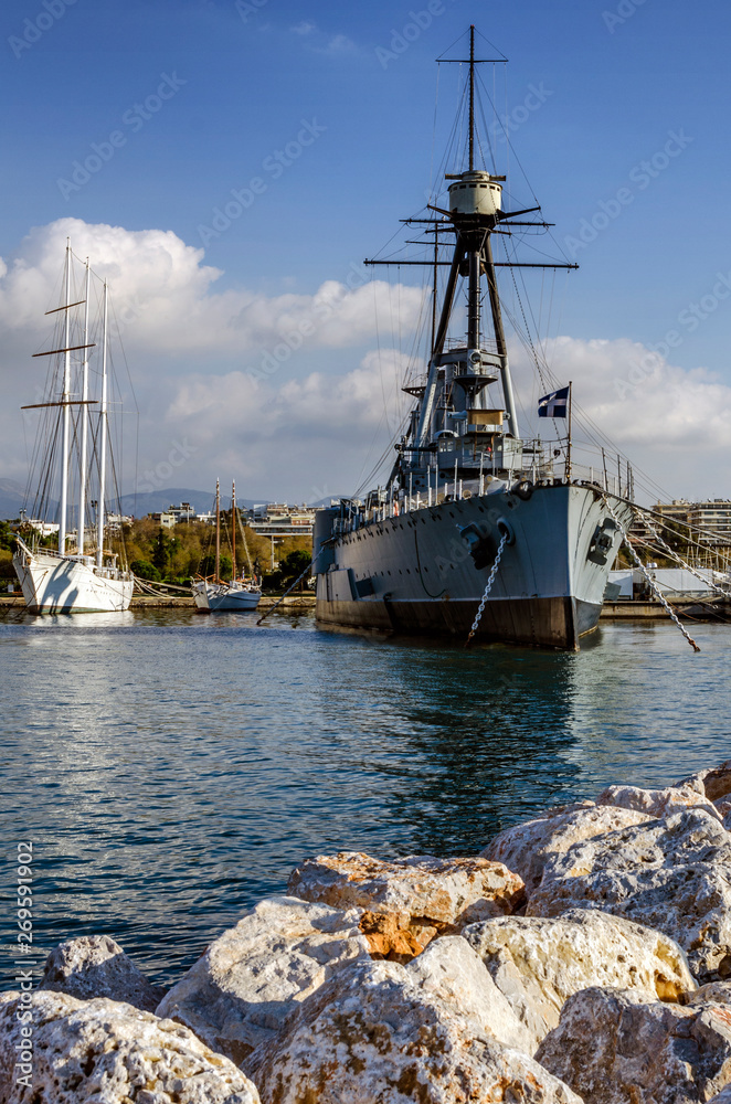 Athens, Attica / Greece. Georgios Averof is a modified Pisa-class armored cruiser built in Italy for the Royal Hellenic Navy (20th century). Now is floating museum in Palaio Faliro
