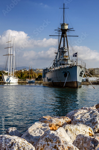 Athens, Attica / Greece. Georgios Averof is a modified Pisa-class armored cruiser built in Italy for the Royal Hellenic Navy (20th century). Now is floating museum in Palaio Faliro