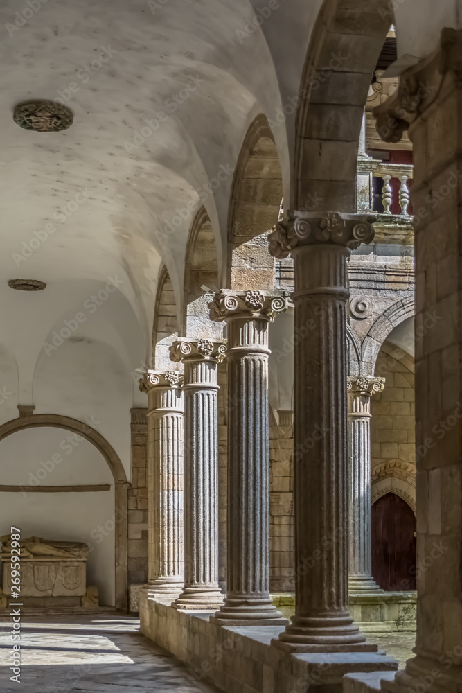 View at the interior cloister on the Cathedral of Viseu, romanesque style columns gallery