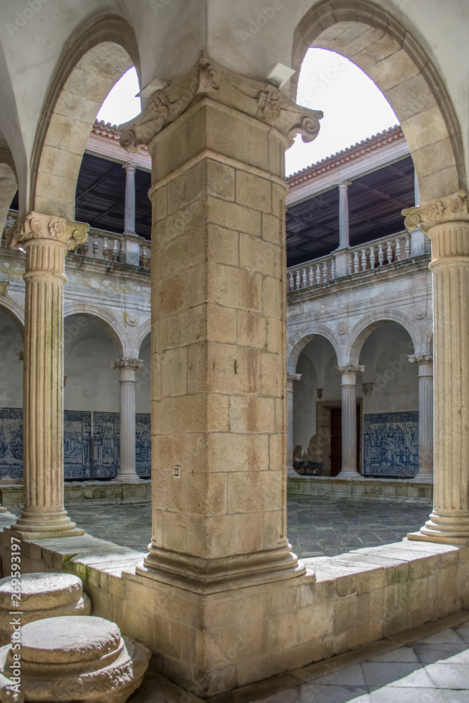 View at the interior cloister on the Cathedral of Viseu, romanesque style columns gallery