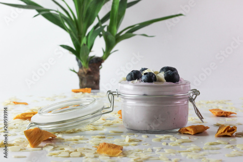 In this photo we can see a handmade blueberry yogurt in a glass jar, with dry mango and almonds around it, with a Brazilian trunk in the background. © Mario Rollon