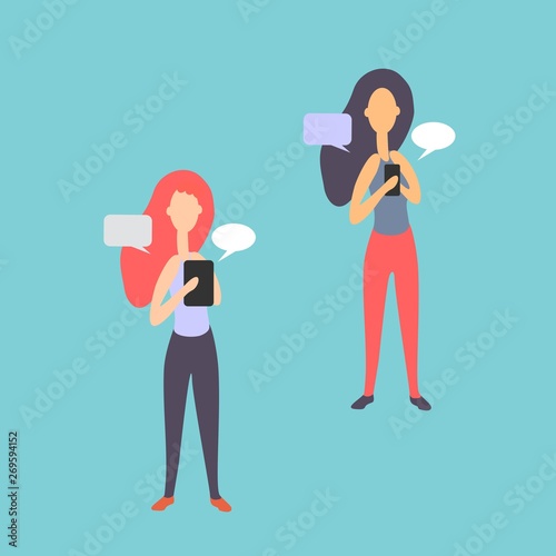 Vector illustration. Infographics on the theme of  technology, cognition, business. Women, girls with tablets and phones. A set of girls, women of different nationalities in different clothes.
