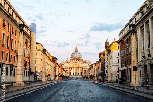 Sunrise over the St. Peters Basilica in Vatican City. Morning at the most famous landmark