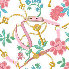 Foto auf Acrylglas Blumen- und Juwelenmuster Trendiger Blumendruck mit pinken Gürteln und goldenen Ketten.  © svetlanakononov7