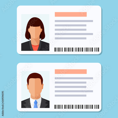 Woman and man plastic ID cards, car driver licences with male and female photo isolated on blue background. Flat style colorful vector illustration icon.