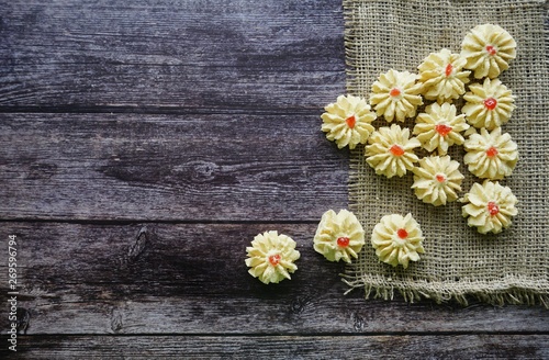 A malay traditional cookies called Kuih Semperit Dahlia served during Eid Fitri. Top view and flat lay concept.