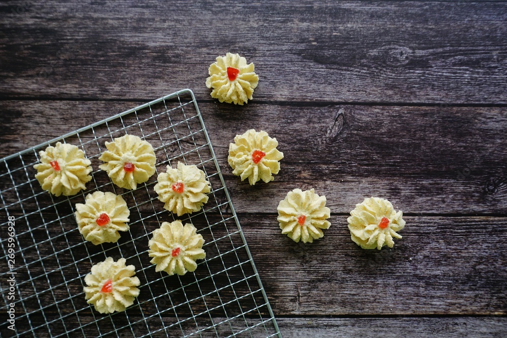 A malay traditional cookies called Kuih Semperit Dahlia served during Eid Fitri. Top view and flat lay concept. A malay traditional cookies called Kuih Semperit Dahlia served during Eid Fitri. Top view and flat lay concept.