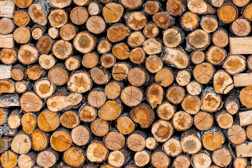 Stacks of firewood logs lumber wood in Takayama  Japan in Gifu prefecture