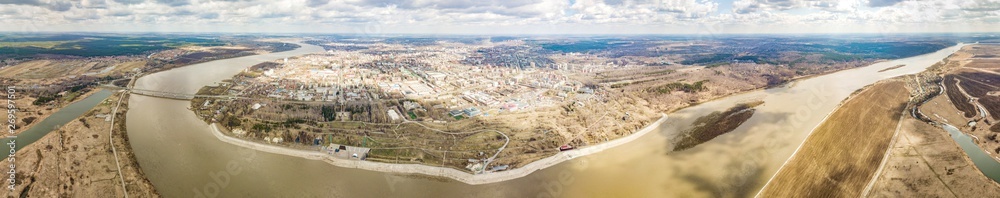 Panoramic view of Tom river and Tomsk City. Early spring in Siberia. Russia.