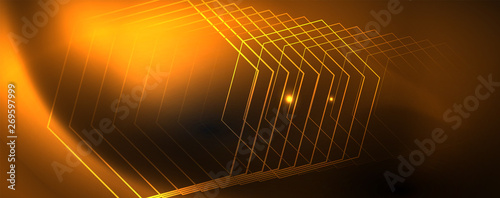 Shiny neon techno template. Neon lines background, 80s style laser rays