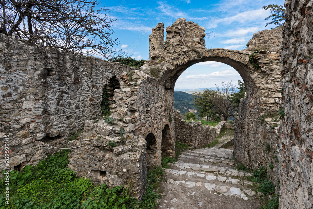 Part of the byzantine archaeological site of Mystras in Peloponnese, Greece. View of the remains of buildings in the upper city of the ancient Mystras