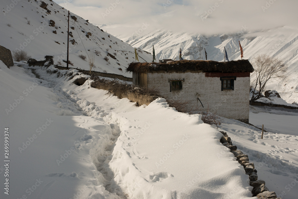 Trek in winters - village in winter spiti in himalayas