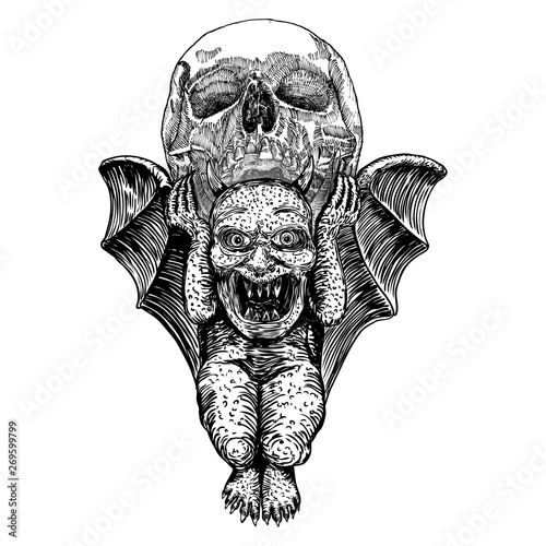 Mythological ancient gargoyle creatures human and dragon like chimera with bat wings. Mythical gargouille with sharp fangs and claws holding human skull. Engraved hand drawn sketch. Vector.