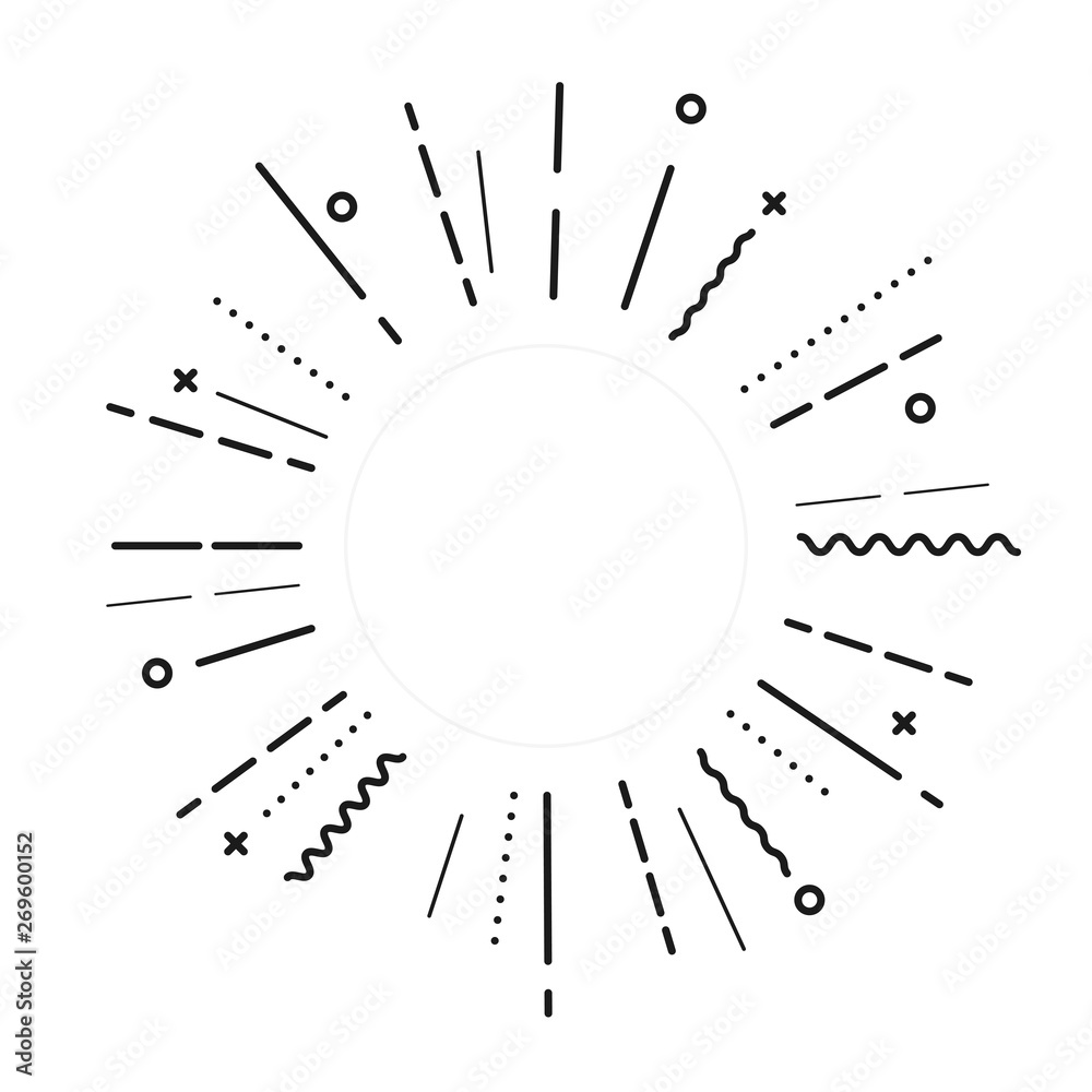 Sunburst round black line circle. Shining effect with stars. Abstract shape. Empty template. Retro bursting rays. Decoration element. White background. Isolated. Flat design. Vector illustration Sunburst round black line circle. Shining effect with stars. Abstract shape. Empty template. Retro bursting rays. Decoration element. White background. Isolated. Flat design. Vector illustration