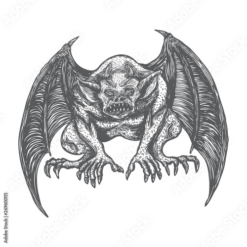 Gargoyle in sitting aggressive position to attack  Human and dragon bat like demon Chimera fantastic beast creature with horns fangs and claws. Hand drawn gothic guardians at medieval. Vector