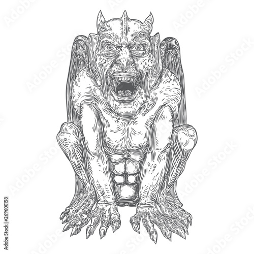 Gargoyle in sitting aggressive position to attack  Human and dragon bat like demon Chimera fantastic beast creature with horns fangs and claws. Hand drawn gothic guardians at medieval. Vector
