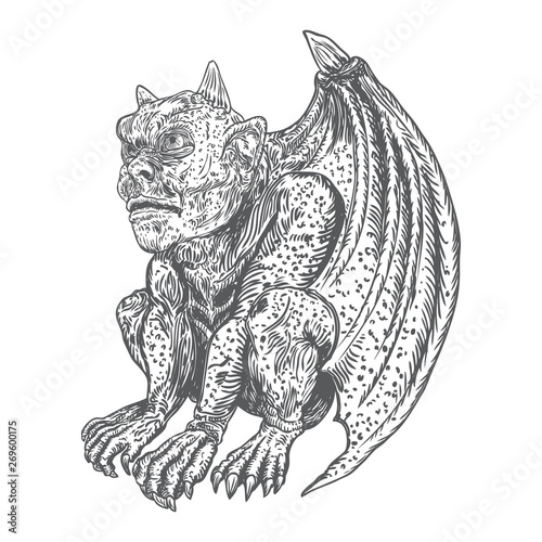 Gargoyle in sitting aggressive position to attack  Human and dragon bat like demon Chimera fantastic beast creature with horns fangs and claws. Hand drawn gothic guardians at medieval. Vector
