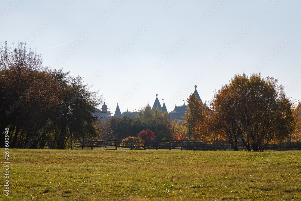 Autumn landscape in the park in sunny day with wooden palace in the background