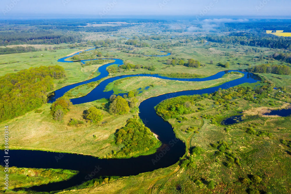 Aerial river landscape. Scenery river from above. Summer nature