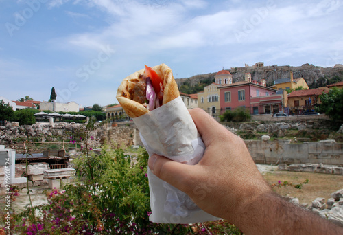 Traditional Souvlaki Street food near the Acropolis in Athens, Greece. 