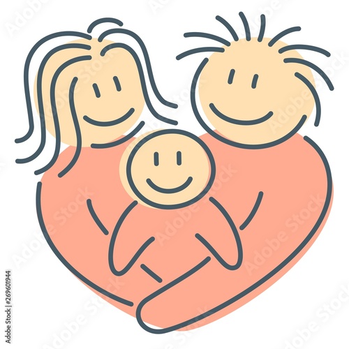 Heart shape family of parents and newborn son hug together