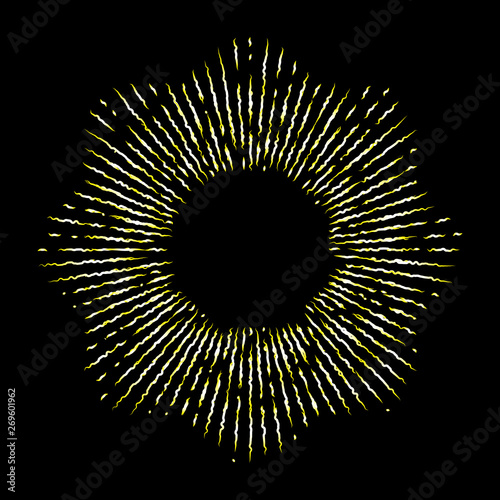 Rays of halo in shape of star,  light and catholic rays isolated on black. Art tattoo reference template. Gold symbol of religion pride and glory. Angel and saints ring nimbus. Vector.