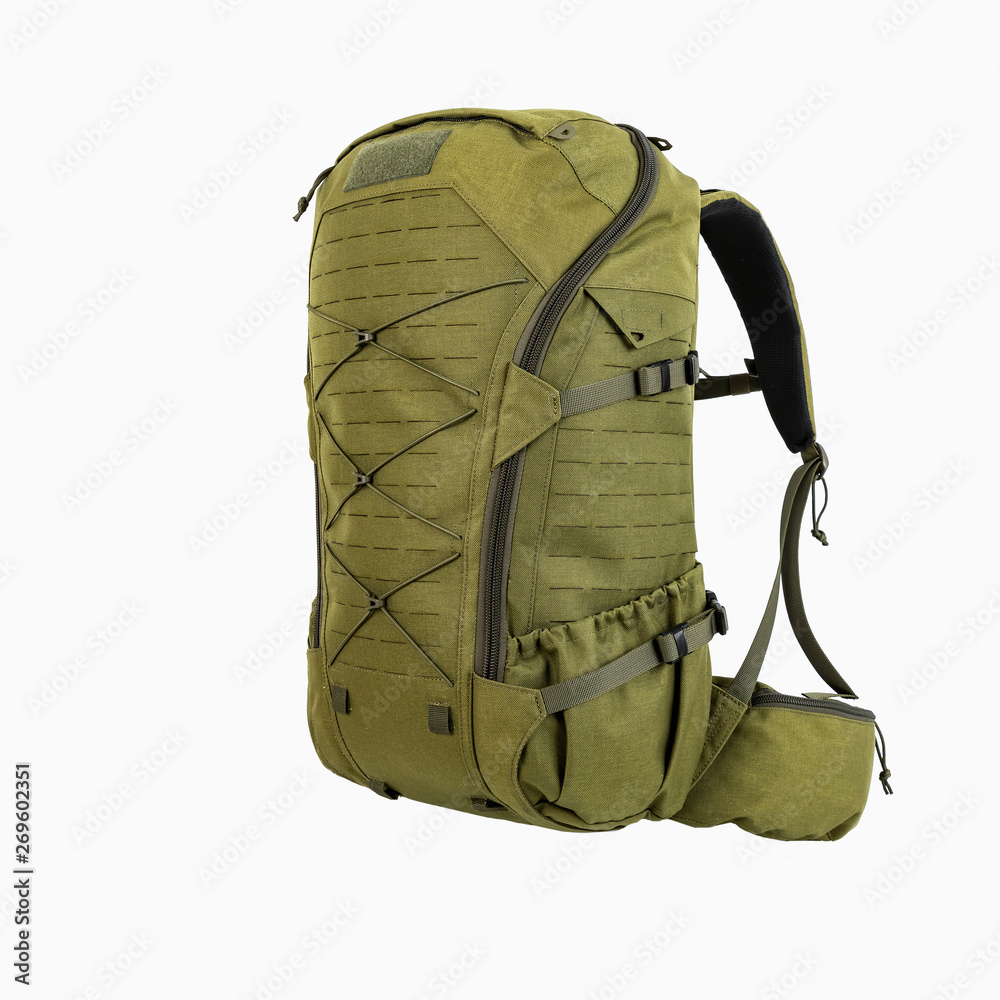 green hiking backpack for hunters camouflage with side pockets on a white background, - obrazy, fototapety, plakaty 