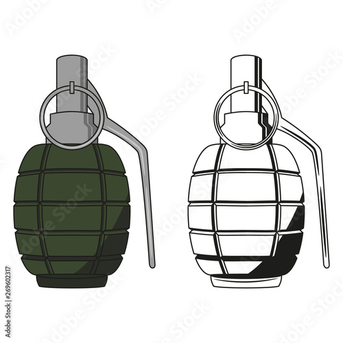 Hand grenade is in two styles. Vector illustration.