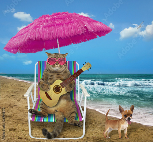 The cat under a pink umbrella plays the acoustic guitar on a beach chair on the sea shore. The dog is next to it. © iridi66