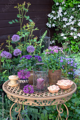 Gartenszene im Frühsommer mit Blumen in Lila photo