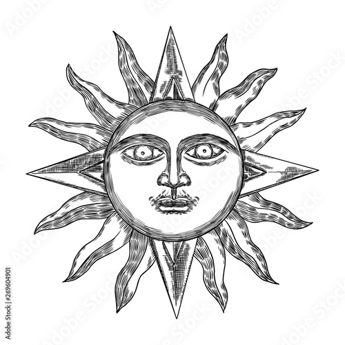Hand drawn antique style sun with face of the human like. Anthropomorphic flash tattoo or print design Vector.