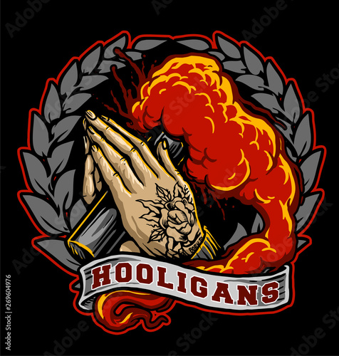 illustration of  hooligans ultras tattooed hand with flames and fire photo