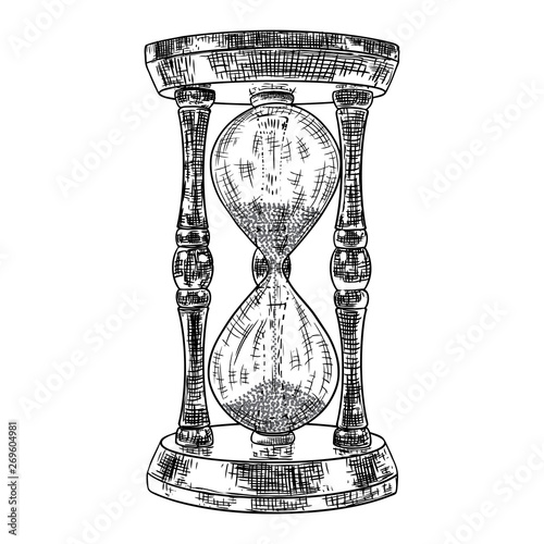 Hourglass or sand clock engraving. Black and white hand drawn sketch, isolated. Vector