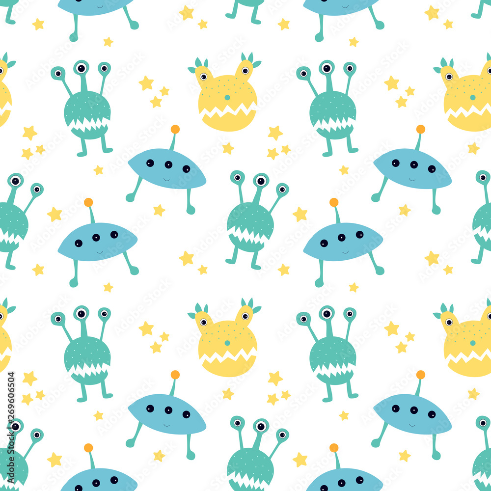 Seamless pattern with cartoon monsters, space aliens. Modern flat design. Art can be used for World UFO Day, children illustration, childish print.