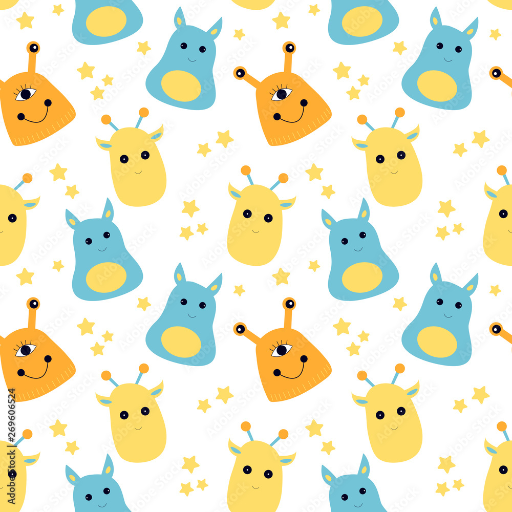 Seamless pattern with cartoon monsters, space aliens. Modern flat design. Art can be used for World UFO Day, children illustration, childish print. Seamless pattern with cartoon monsters, space aliens. Modern flat design. Art can be used for World UFO Day, children illustration, childish print.