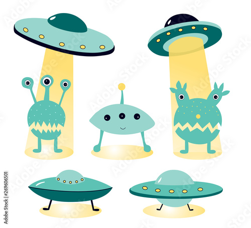 Vector illustration on the topic of ufology: ufo, aliens. Alien attack posters.  Art can be used for the World UFO Day.