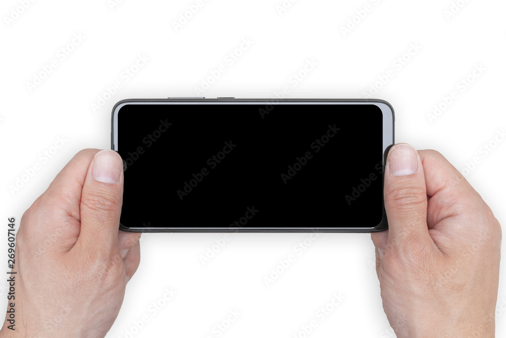 Isolated Hands Holding Mobile Phone in Horizontal Position Isolated Hands Holding Mobile Phone in Horizontal Position
