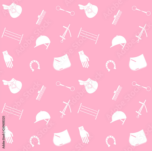 Vector seamless pattern of flat cartoon white horse equestrian equipment isolated on pastel pink background 